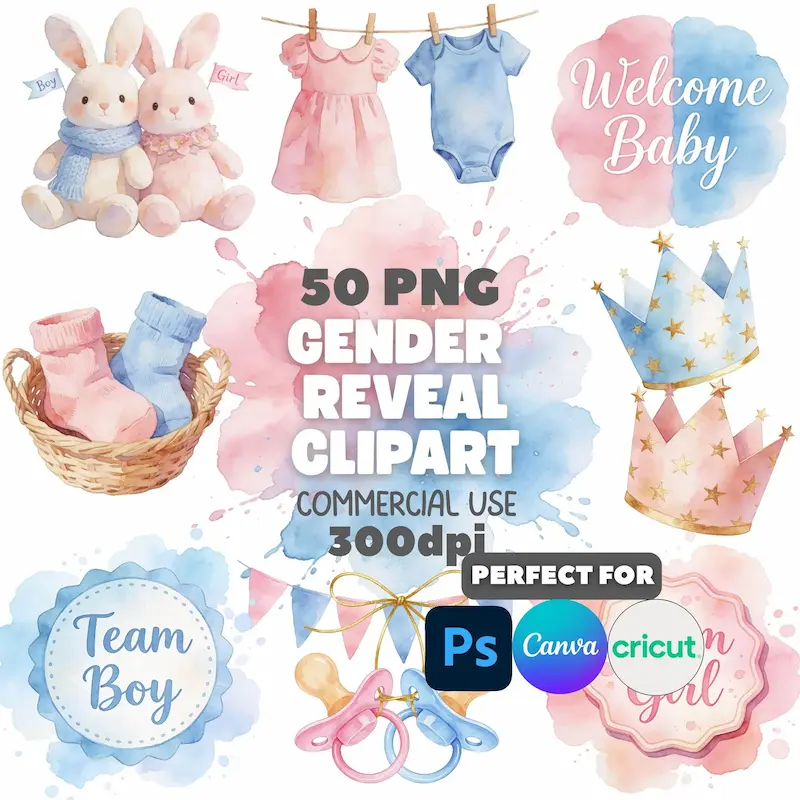 Watercolor Gender Reveal Clipart Bundle | Pink Blue Baby Shower Graphics