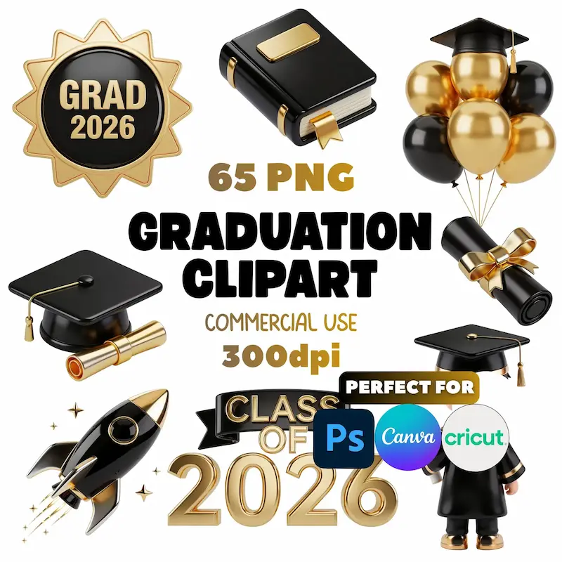 Class of 2026 Graduation Clipart | Black Gold PNG Bundle