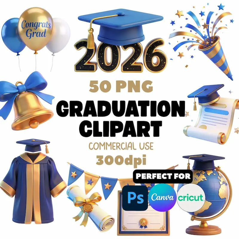 Graduation Clipart Bundle, Class of 2026 PNG Graphics, Congrats Grad Party Decor