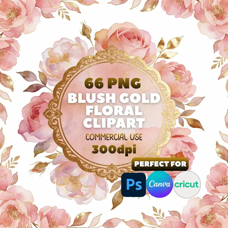 Blush Gold Floral Clipart Bundle, Watercolor Peonies, Roses, Frames