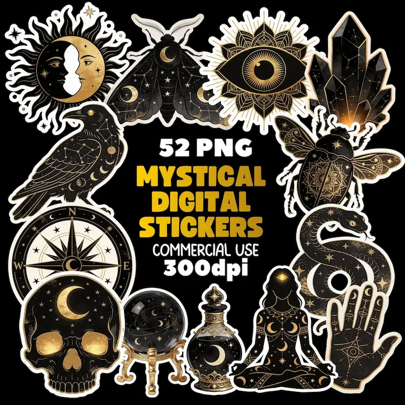 Mystical Celestial Clipart Bundle, Black Gold Witchy PNG Stickers