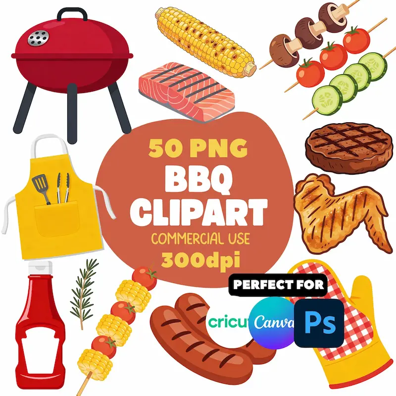 BBQ Clipart Bundle | Grill, Burgers, Corn, Chicken Wings Illustrations
