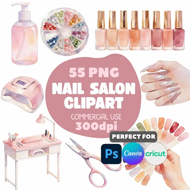 Watercolor Nail Salon Clipart | Manicure, Nail Polish, Beauty Graphics
