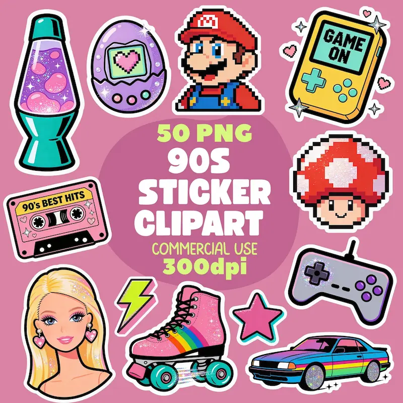 90s Pixel Sticker Clipart Bundle, Retro Gaming PNGs, Y2K Style Icons