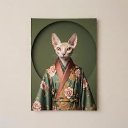 Sphynx Cat Kimono Portrait Print | Japanese Floral Animal Art